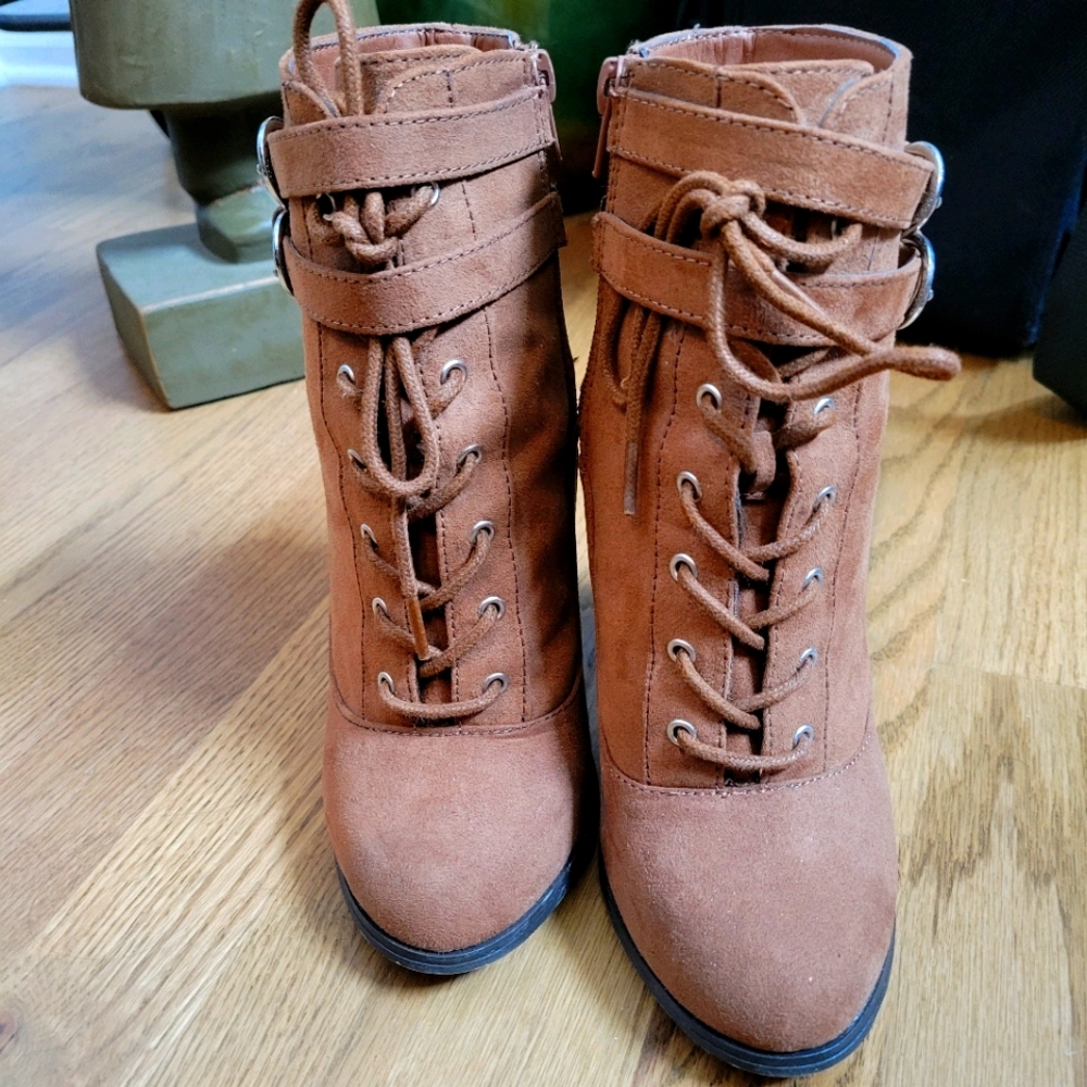 Just Fab Cognac Suede Booties with Tall Block Heel